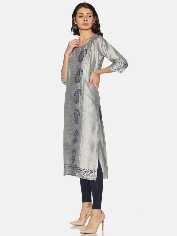 Silky Cotton Peacock Printed Grey Colour Kurti - S, Bombay