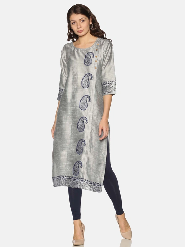 Silky Cotton Peacock Printed Grey Colour Kurti - S, Bombay