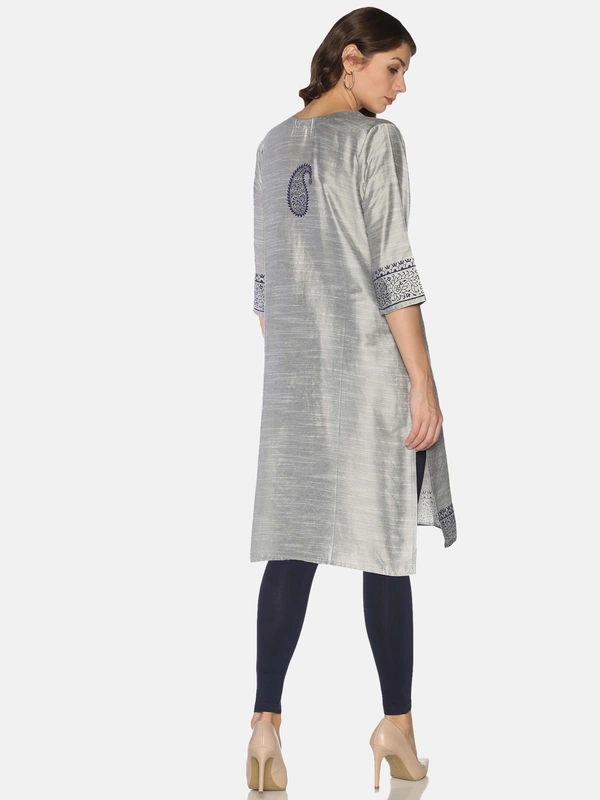 Silky Cotton Peacock Printed Grey Colour Kurti - S, Bombay