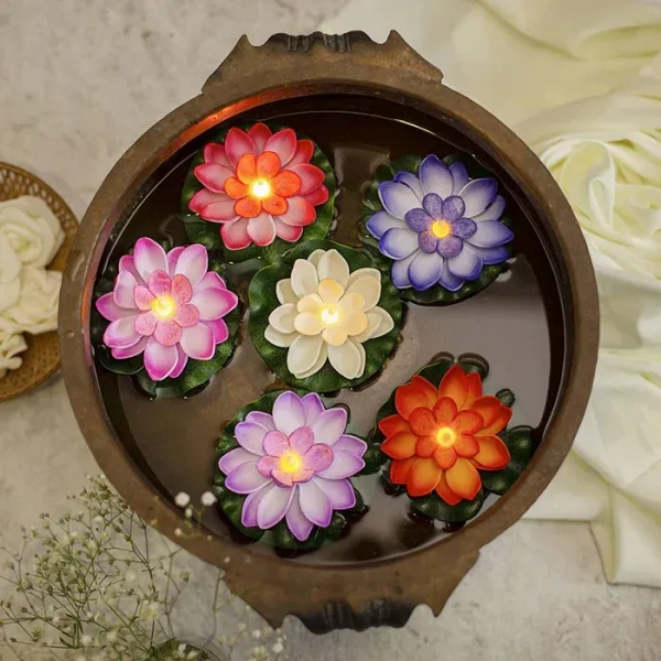 Water Floating Smokeless Candles & Lotus Flowers Sensor Led TeaLight For Outdoor And Indoor Decoration - Pack Of 6 Candle (Pack Of 6)