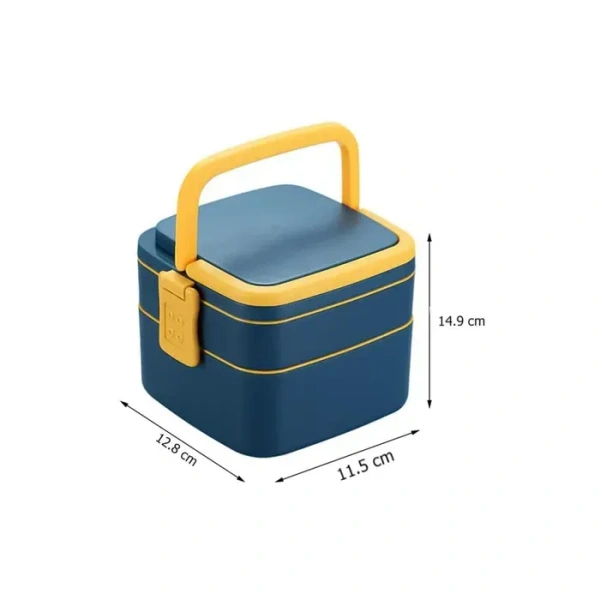 BLUE DOUBLE-LAYER PORTABLE LUNCH BOX STACKABLE WITH CARRYING HANDLE AND SPOON LUNCH BOX , Bento Lunch Box