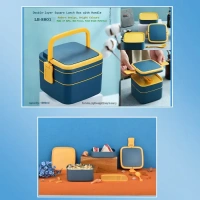 BLUE DOUBLE-LAYER PORTABLE LUNCH BOX STACKABLE WITH CARRYING HANDLE AND SPOON LUNCH BOX , Bento Lunch Box