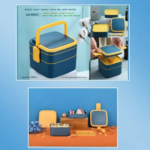 BLUE DOUBLE-LAYER PORTABLE LUNCH BOX STACKABLE WITH CARRYING HANDLE AND SPOON LUNCH BOX , Bento Lunch Box