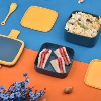 BLUE DOUBLE-LAYER PORTABLE LUNCH BOX STACKABLE WITH CARRYING HANDLE AND SPOON LUNCH BOX , Bento Lunch Box