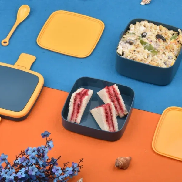 BLUE DOUBLE-LAYER PORTABLE LUNCH BOX STACKABLE WITH CARRYING HANDLE AND SPOON LUNCH BOX , Bento Lunch Box