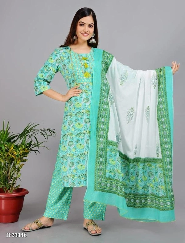Premium Cotton Kurti With Pant And Beautiful Dupatta* - XXL, Green