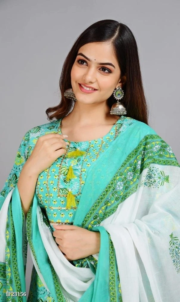 Premium Cotton Kurti With Pant And Beautiful Dupatta* - XXL, Green