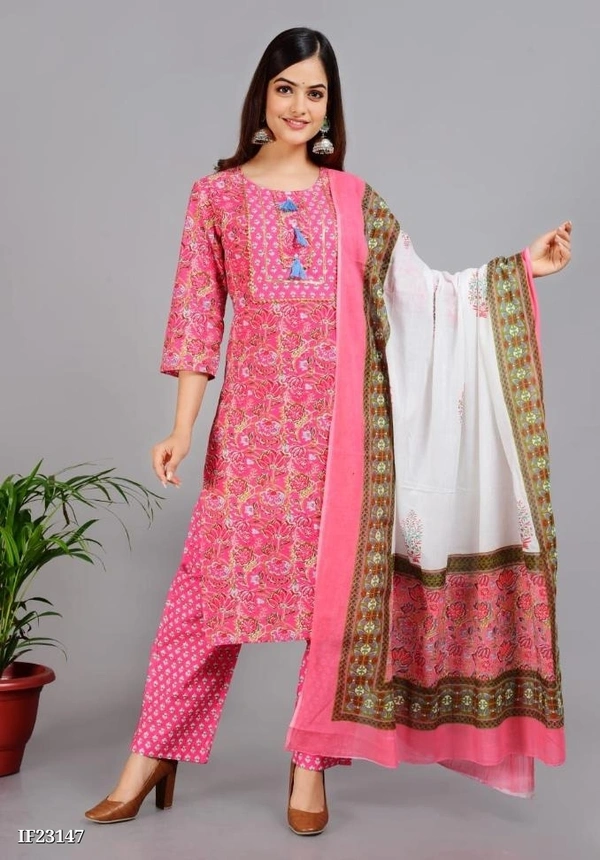 Premium Cotton Kurti With Pant And Beautiful Dupatta* - XL, Pink