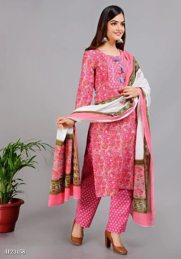 Premium Cotton Kurti With Pant And Beautiful Dupatta* - M, Pink