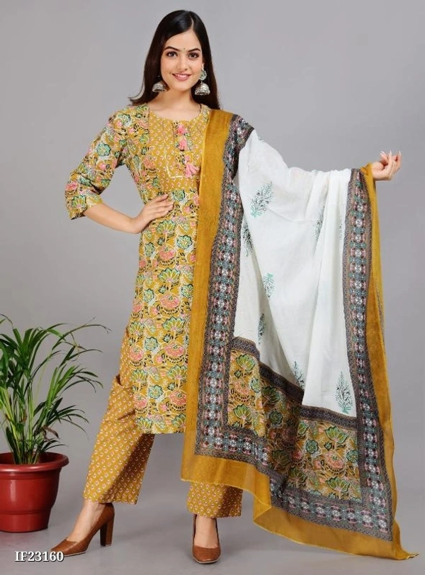 Premium Cotton Kurti With Pant And Beautiful Dupatta* - L, Yellow