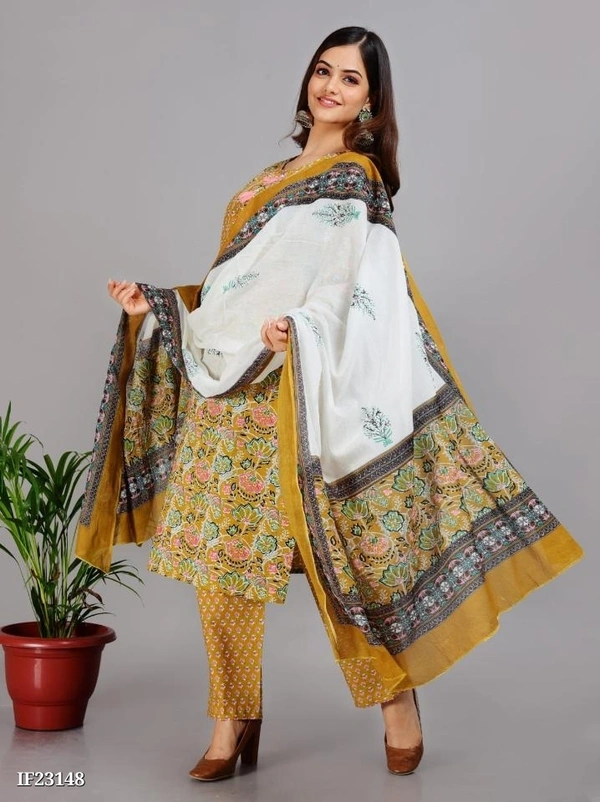 Premium Cotton Kurti With Pant And Beautiful Dupatta* - L, Yellow