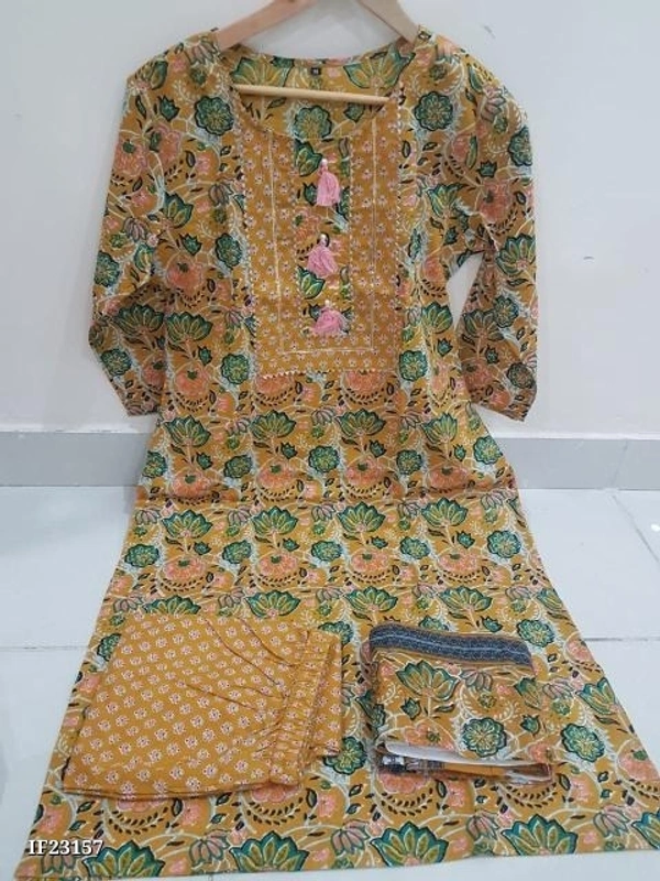 Premium Cotton Kurti With Pant And Beautiful Dupatta* - XL, Yellow