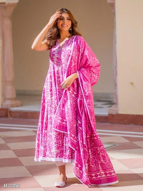 Hand Block Print Anarkali Style Kurta, Pant And Dupatta Set* - XL, Pink