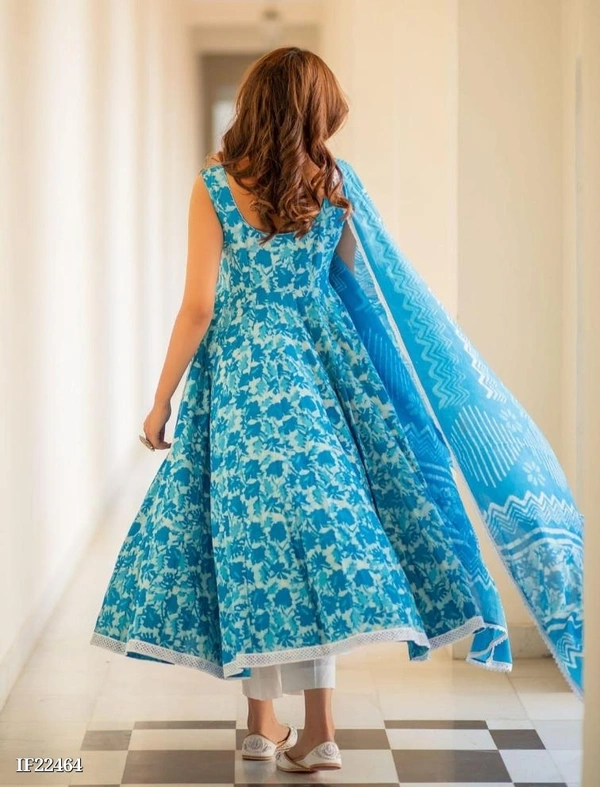 Hand Block Print Anarkali Style Kurta, Pant And Dupatta Set* - M, Sky Blue