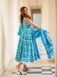 Hand Block Print Anarkali Style Kurta, Pant And Dupatta Set* - XXL, Sky Blue