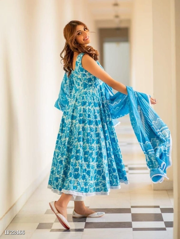 Hand Block Print Anarkali Style Kurta, Pant And Dupatta Set* - XXL, Sky Blue