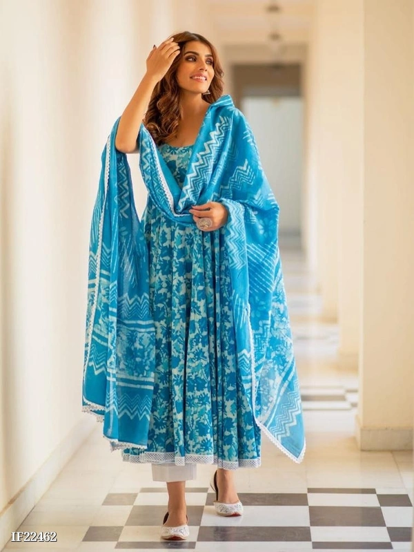 Hand Block Print Anarkali Style Kurta, Pant And Dupatta Set* - L, Sky Blue