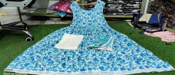 Hand Block Print Anarkali Style Kurta, Pant And Dupatta Set* - L, Sky Blue
