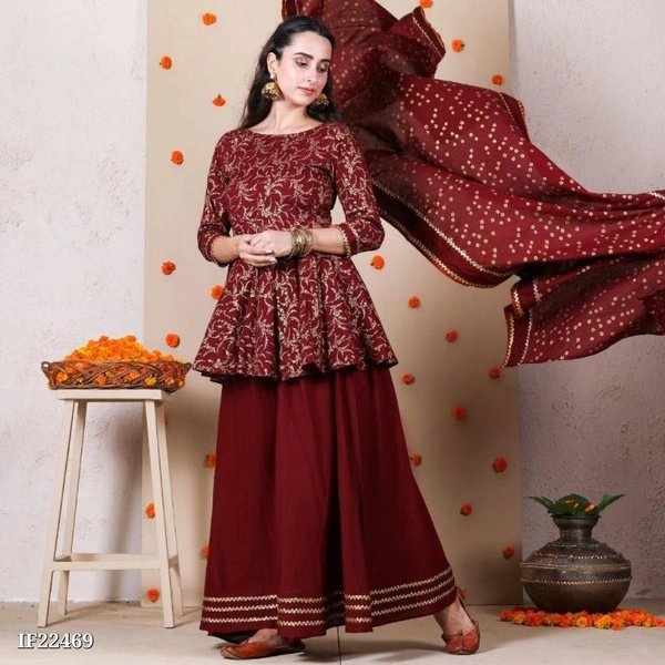 Beautiful Rayon Printed Kurta 3/4th Skeeves With Rayon Skirt And Cotton Dupatta Set * - M