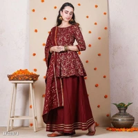 Beautiful Rayon Printed Kurta 3/4th Skeeves With Rayon Skirt And Cotton Dupatta Set * - M