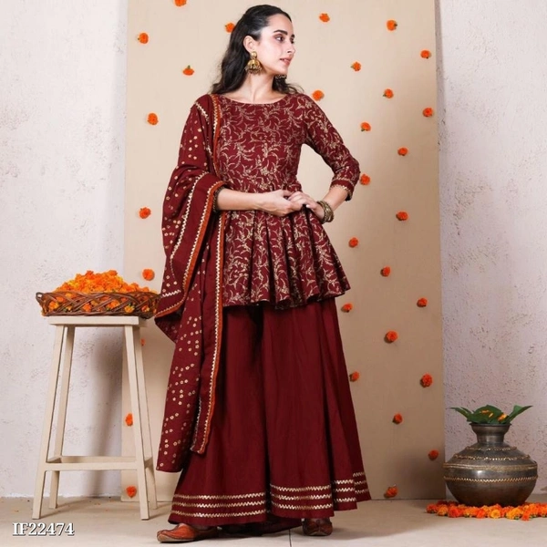 Beautiful Rayon Printed Kurta 3/4th Skeeves With Rayon Skirt And Cotton Dupatta Set * - M