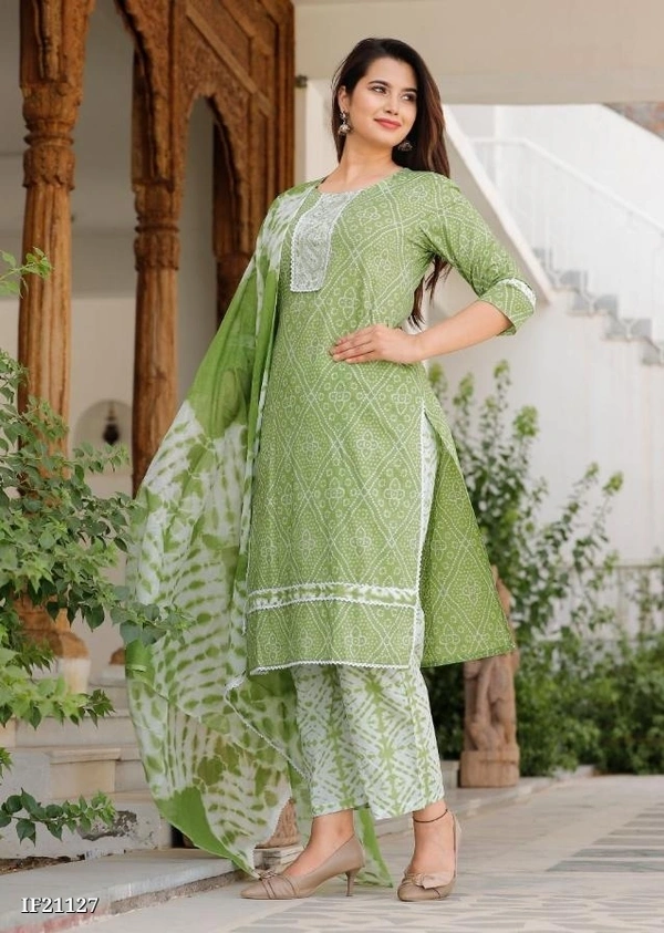 Lahariya Print Casual Kurta And Pant Paired With Cotton Mul Dupatta Set With Front Open Button* - XL, Green