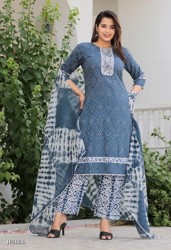 Lahariya Print Casual Kurta And Pant Paired With Cotton Mul Dupatta Set With Front Open Button* - XXL, Sky Blue