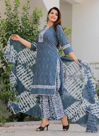 Lahariya Print Casual Kurta And Pant Paired With Cotton Mul Dupatta Set With Front Open Button* - XXL, Sky Blue