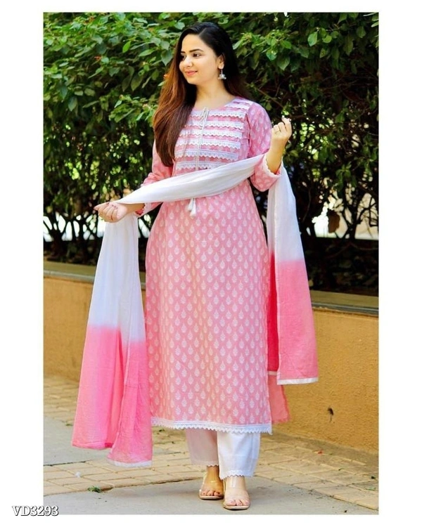 New Jaipuri Kurti With Pant Dupatta 3 Piece Full Set* - M, Pink 💗