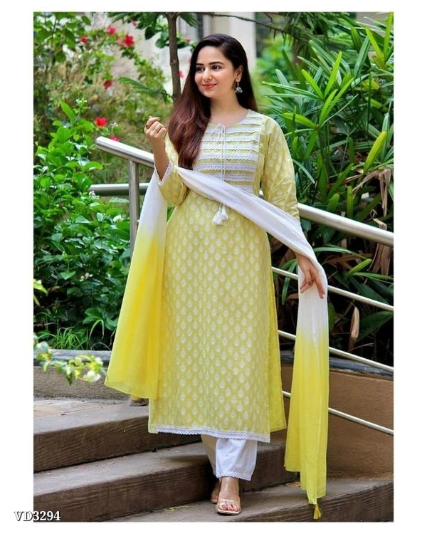 New Jaipuri Kurti With Pant Dupatta 3 Piece Full Set* - M, Yellow 💛