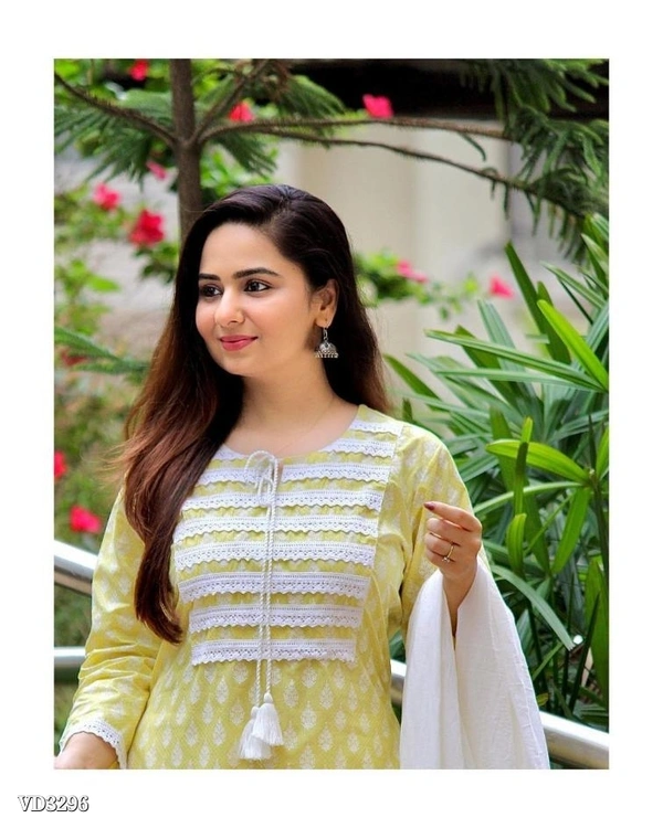 New Jaipuri Kurti With Pant Dupatta 3 Piece Full Set* - M, Yellow 💛