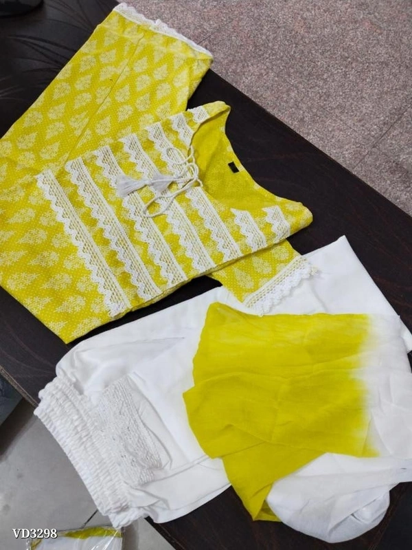 New Jaipuri Kurti With Pant Dupatta 3 Piece Full Set* - M, Yellow 💛