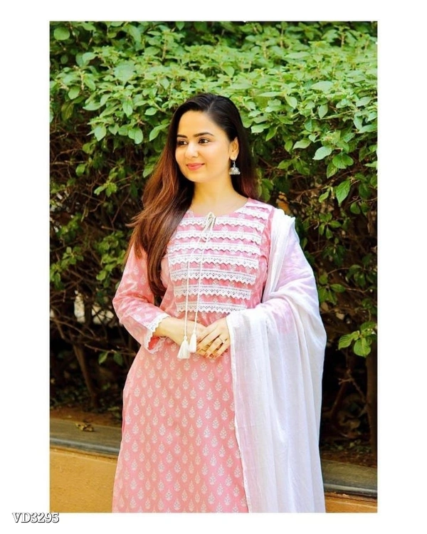 New Jaipuri Kurti With Pant Dupatta 3 Piece Full Set* - L, Pink 💗