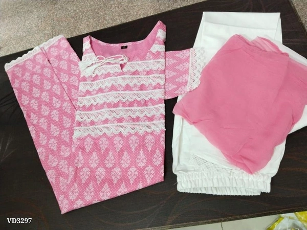 New Jaipuri Kurti With Pant Dupatta 3 Piece Full Set* - L, Pink 💗