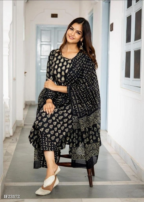 Cotton Block Print Kurti Set - L