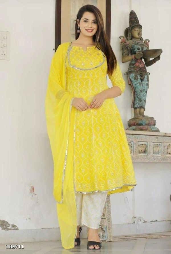 Premium Heavy Rayon Kurti Pant With Dupatta* - M, Yellow 💛
