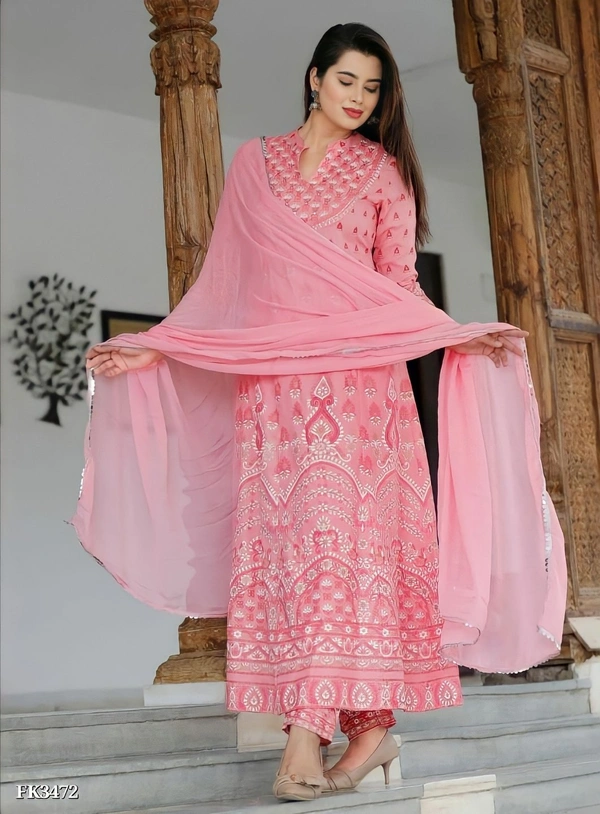 Premium Heavy Rayon Kurti Pant With Dupatta* - M, Pink💗