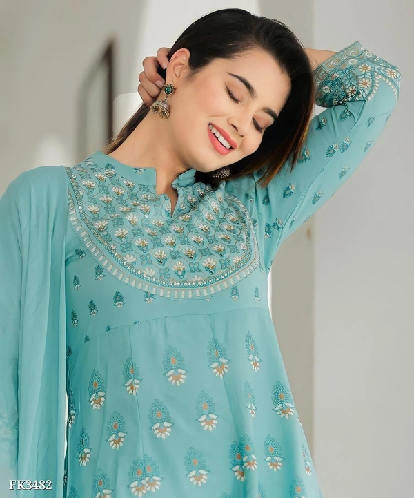 Premium Heavy Rayon Kurti Pant With Dupatta* - XL, Blue💙