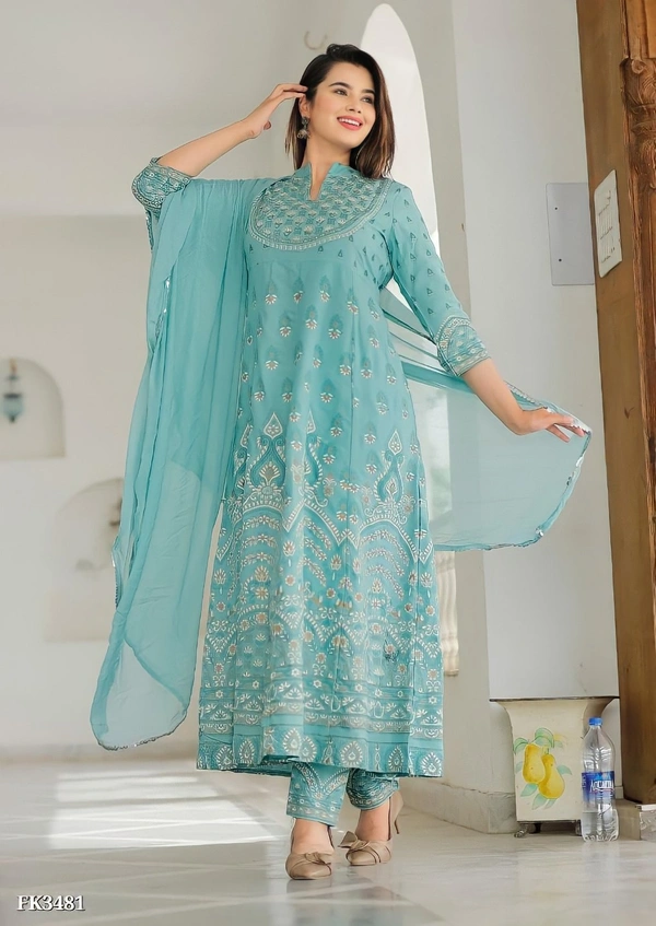 Premium Heavy Rayon Kurti Pant With Dupatta* - XL, Blue💙