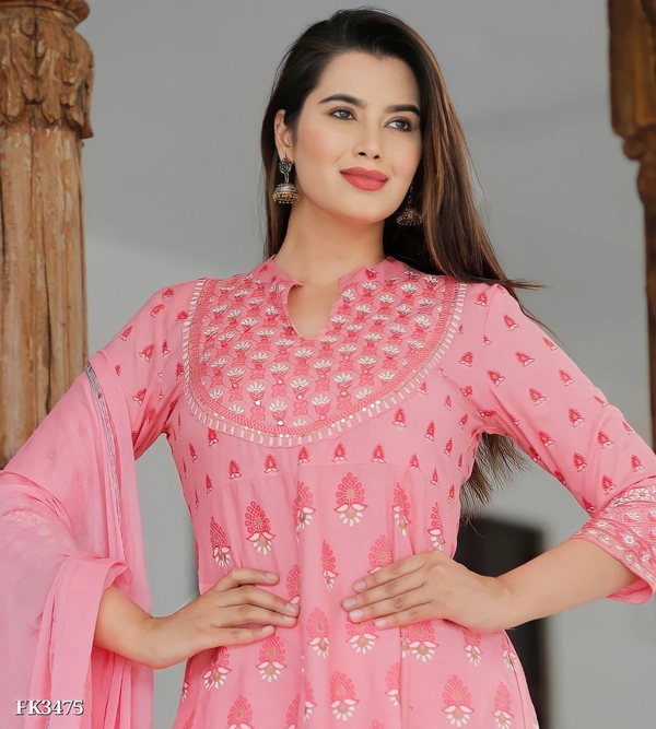 Premium Heavy Rayon Kurti Pant With Dupatta* - XL, Pink💗