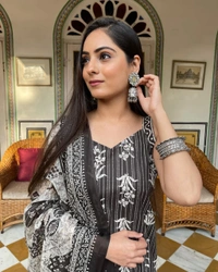 Strap Suits Set With Printed Dupatta and Pant Set*  - L