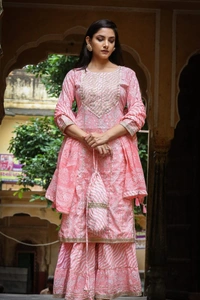 Pink Cotton Kurta Sharara Set - M