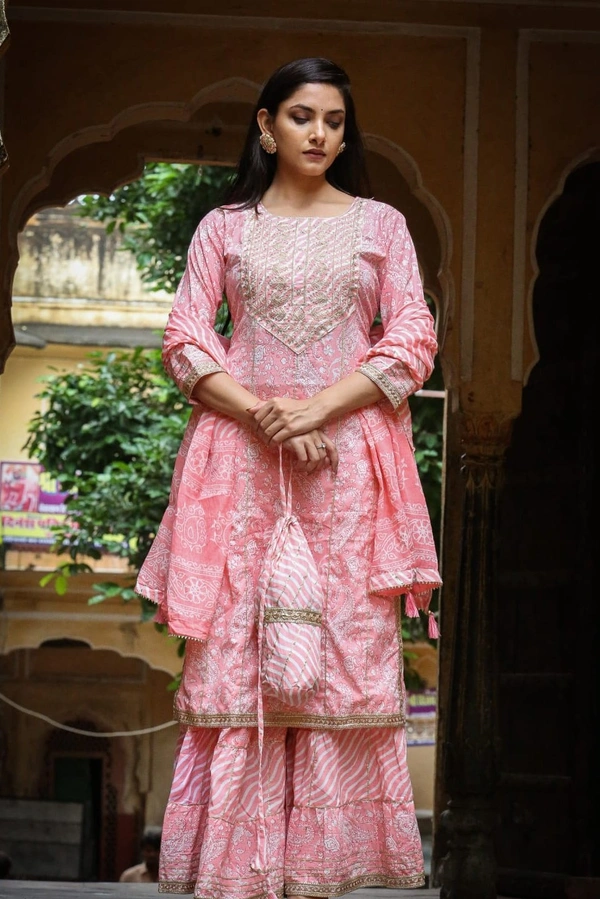 Pink Cotton Kurta Sharara Set - M