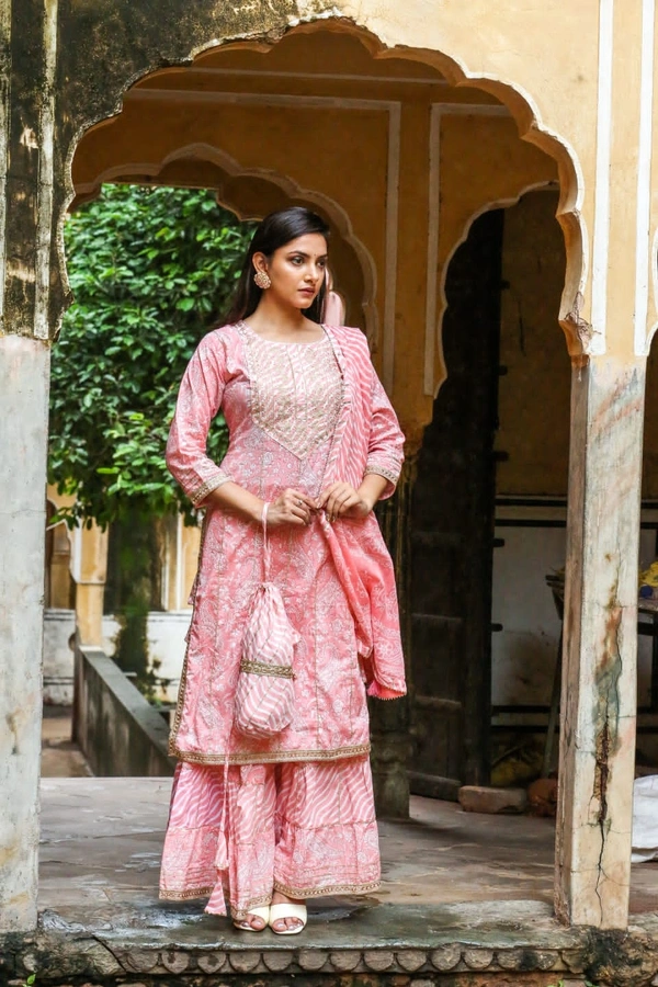 Pink Cotton Kurta Sharara Set - L