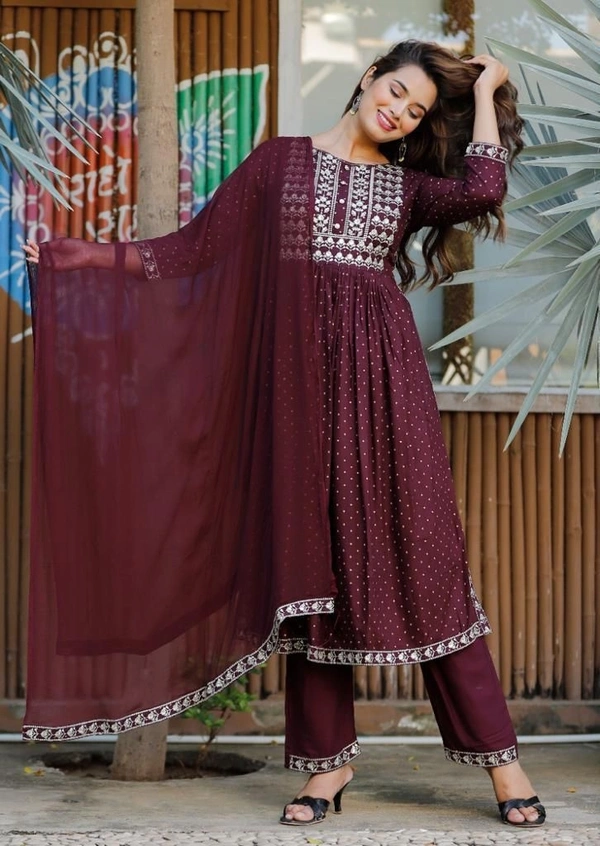 Beautiful Sequence Zari Computer Embroidered work With Kurti With Pant And Chifon Dupatta - Maroon, L