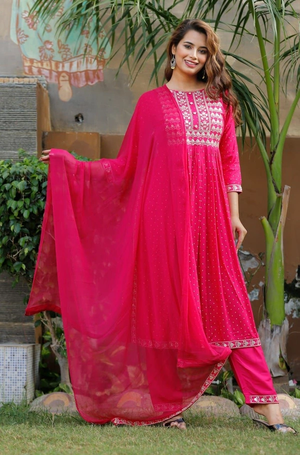 Beautiful Sequence Zari Computer Embroidered work With Kurti With Pant And Chifon Dupatta - Pink, XL