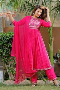 Beautiful Sequence Zari Computer Embroidered work With Kurti With Pant And Chifon Dupatta - Pink, XL