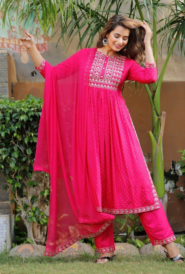 Beautiful Sequence Zari Computer Embroidered work With Kurti With Pant And Chifon Dupatta - Pink, XL