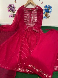 Beautiful Sequence Zari Computer Embroidered work With Kurti With Pant And Chifon Dupatta - Pink, XL