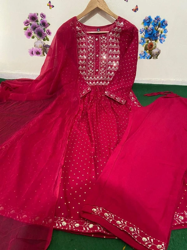 Beautiful Sequence Zari Computer Embroidered work With Kurti With Pant And Chifon Dupatta - Pink, XL